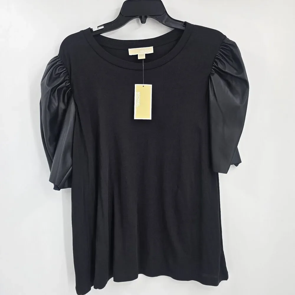 Michael Kors Black Faux Leather Short Sleeve Shirt Size 1X New Whimsigoth Goth
